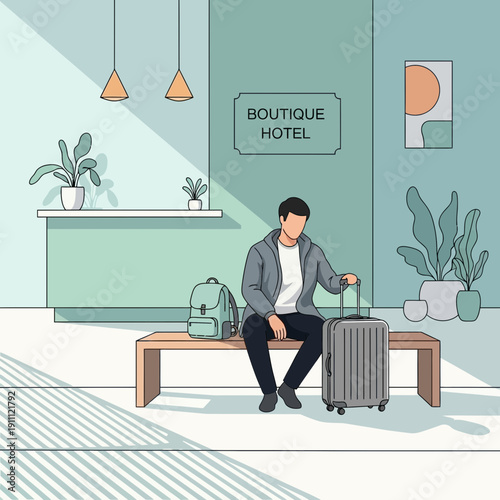 Modern Boutique Hotel Lobby Scene With Traveler Sitting