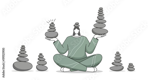 Meditating Figure Balancing Stacked Stones With Inner Peace Visualized