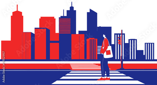 Modern Cityscape Silhouette With Pedestrian At Crosswalk