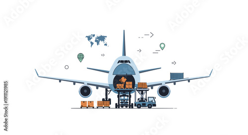 Large cargo airplane being loaded with boxes by a forklift and ground crew, with global transport icons.