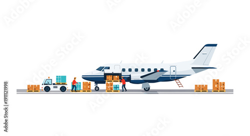 Small cargo plane being loaded with boxes on pallets by ground workers and a baggage cart.