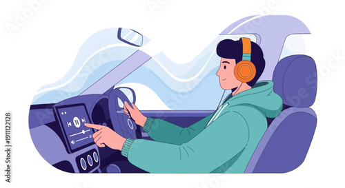 Modern Driver Enjoys Music Via Touchscreen Interface While Commuting