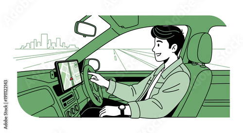 Modern Driver Navigating Urban Landscape With Advanced Technology