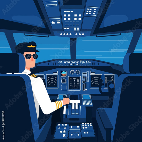 Modern Aircraft Cockpit With Pilot Flying High Above The Clouds