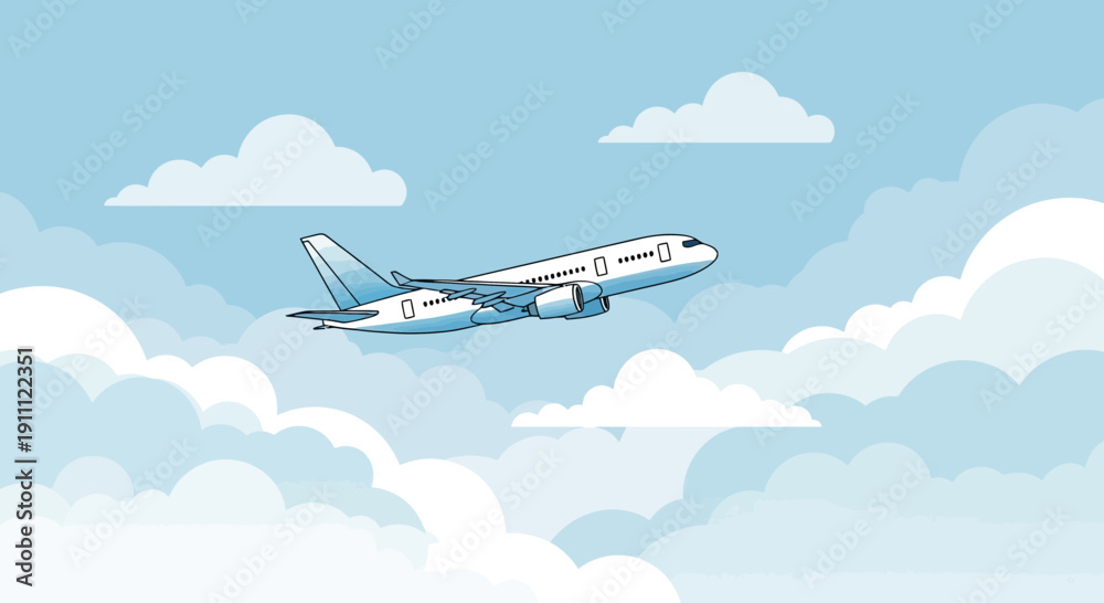 Fototapeta premium Modern Jetliner Ascending Through Puffy Clouds