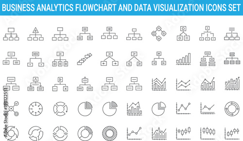 Business analytics flowchart and data visualization icons set, hierarchy charts diagrams statistics outline vector collection for professional reporting dashboards