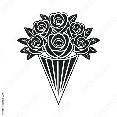 A striking black and white illustration depicts a bouquet of roses arranged in a conical vase high quality professional detailed modern