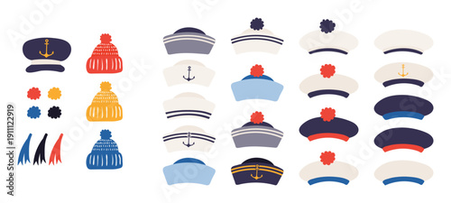 Sailor hat, cap isolated illustration isolated collection. Kids nautical design clip art set, accessory, costume, naval uniform, clothes element. Hand drawn flat vector on transparent background