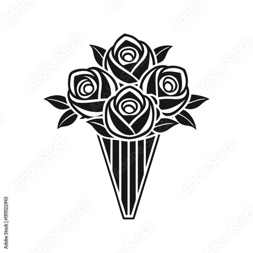 A minimalist black and white illustration depicts a bouquet of roses arranged in a conical vase high quality professional detailed modern