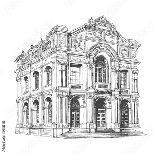 A detailed line drawing depicting a grand architectural building facade