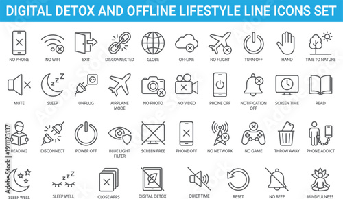 Digital detox and offline lifestyle line icons set showing no phone, disconnect, sleep, mindfulness, screen free, technology control symbols