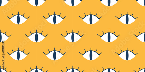 Vector seamless pattern with minimal mystic eye symbols on warm yellow background. Simple geometric eyelash eye motif for modern textile, boho wallpaper, branding, packaging. Trendy cute funny print.