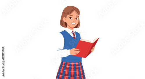 An illustration depicting a smiling young schoolgirl in a plaid uniform, including a blue vest, holding and reading a red book.