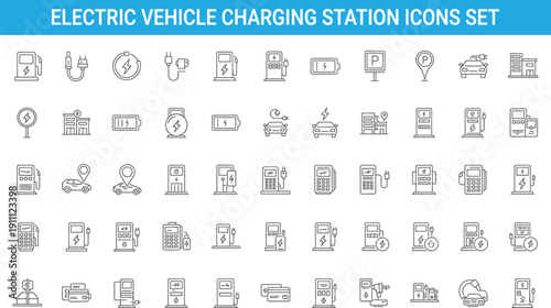 Electric vehicle charging station icons set, EV charger battery parking energy infrastructure outline vector illustration collection for mobility design