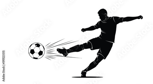 The athlete silhouette powerfully strikes the soccer ball forward.