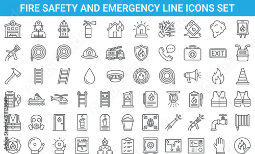 Fire safety and emergency line icons set featuring alarms, extinguishers, rescue equipment, evacuation signs, hazard warnings, firefighting symbols, vector, outline
