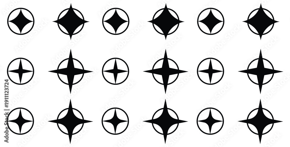 Fototapeta premium Collection of various black and white abstract star and compass rose icons showcasing different geometric styles and sizes for design versatility