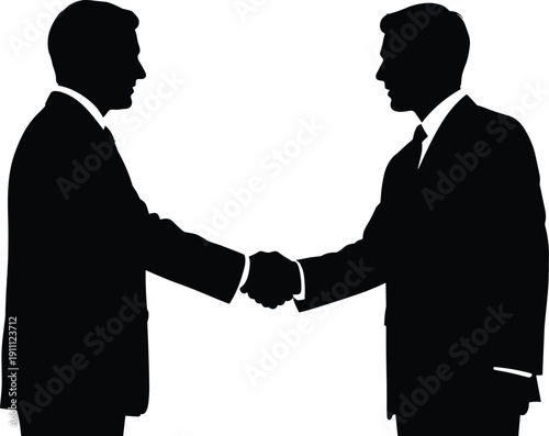 Silhouette business professionals in suits shaking hands symbolizing partnership, agreement, deal, negotiation, cooperation, teamwork, diplomacy, mutual understanding, and corporate success