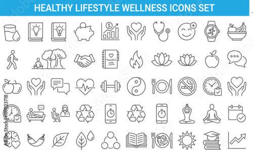 Healthy lifestyle wellness icons set illustrating fitness nutrition mindfulness self care happiness habits flat vector outline design collection