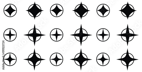 Collection of various black and white abstract star and compass rose icons showcasing different geometric styles and sizes for design versatility