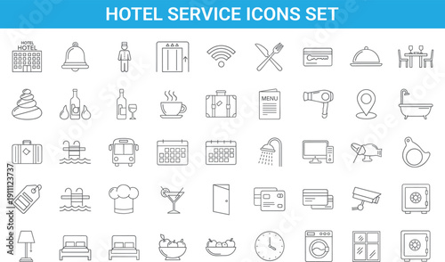 Hotel service icons set, hospitality accommodation symbols collection, travel luxury amenities, outline line vector illustration for resort, motel, apartment