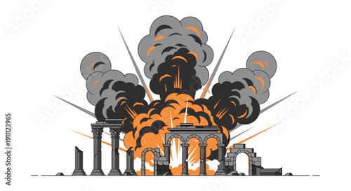 Ancient ruins, featuring columns and arches, are dramatically exploding with large plumes of orange fire and dark grey smoke.