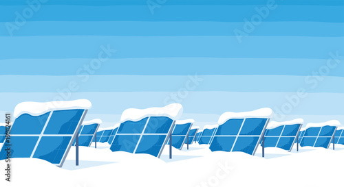 Rows of solar panels are heavily covered in thick white snow under a clear, bright blue sky in winter.