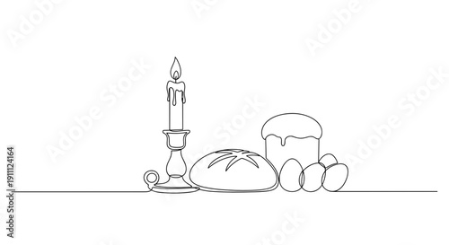 Single-Line Easter Still Life with Candle, Bread, Kulich and Eggs