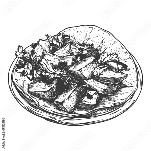 A sketch of a prepared meal served on a circular plate