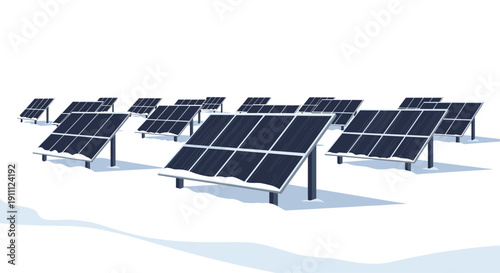Numerous solar panels, partially covered with a light layer of snow, stand upright in a vast, white snowy field.