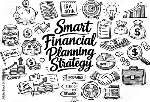 Financial Planning Doodles. Smart financial planning strategy, hand drawn doodle elements set, center hand-lettered title, black &