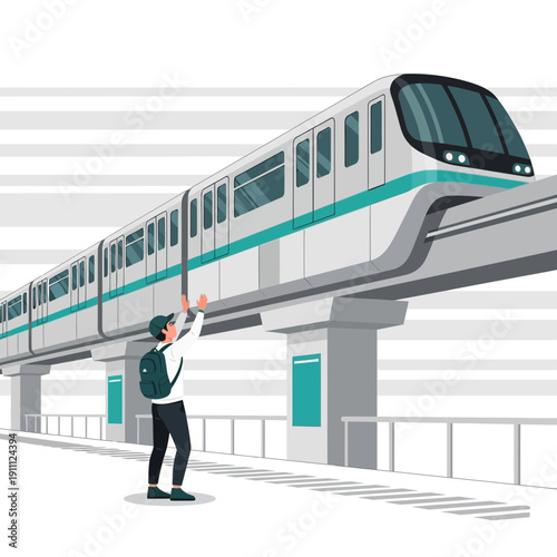 Modern Monorail Transport System With Passenger Awaiting Travel Journey