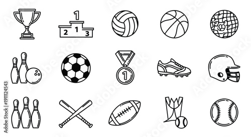 Sports equipment and awards icons are displayed in black.