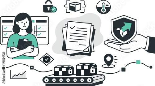 Modern minimal flat vector conceptual collage, crisp hard edges, consistent THIN outline stroke, rounded corners where needed,