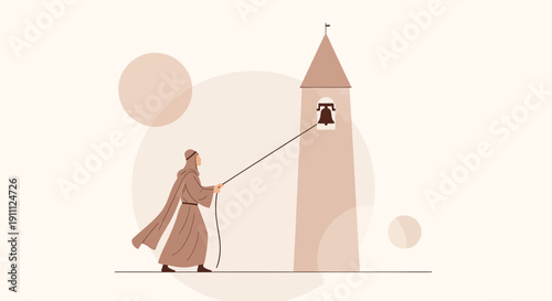 Monk Rings Bell In Tower Serene Illustration