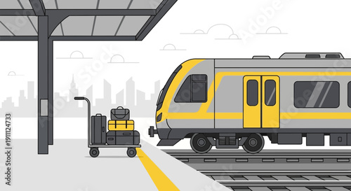 Modern Train Arrives At Station With Luggage Trolley