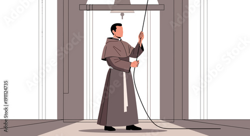 Monk Rings Ancient Bell With Rope In Modern Building Architecture