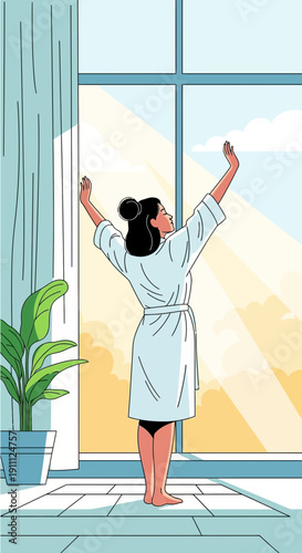 Morning Awakening Serene Woman Stretching By Sunlit Window