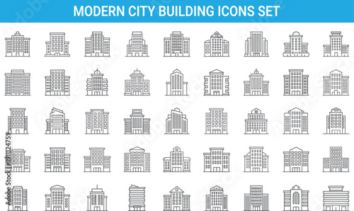 Modern city building icons set, urban architecture skyline collection, office apartment hotel structures, flat outline vector illustration