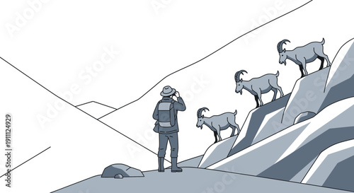 Mountain Explorer Observing Ibex Herd on Rocky Alpine Slope