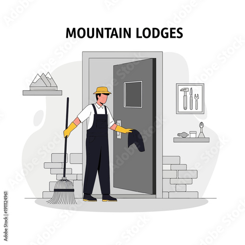 Mountain Lodge Maintenance Worker Cleaning Exterior Entrance Doorway