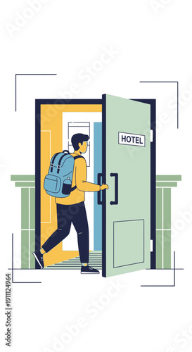 Modern Traveler Enters A Welcoming Hotel Door With Backpack Adventure Awaits