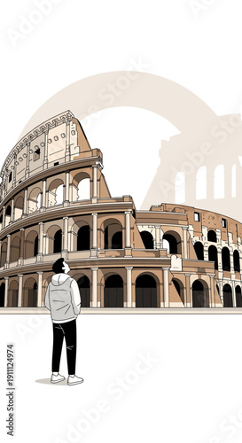 Modern Traveler Gazes At Ancient Roman Colosseum Landmark Illustration Style