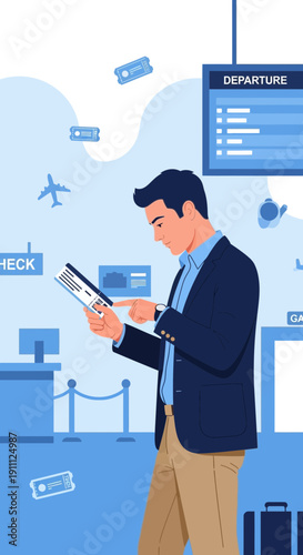 Modern Traveler Navigates Digital Boarding Pass At Airport Departure Terminal