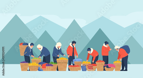 Mountain Market Scene People Gathering Produce In Baskets