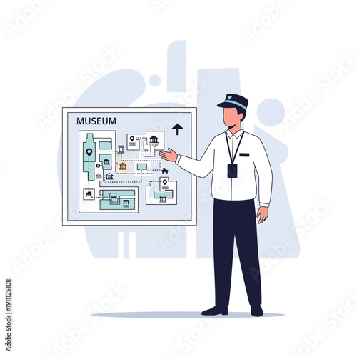 Museum Guide Explains Exhibit Layout And Navigational Map To Visitors