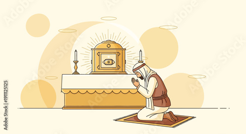 Muslim Man Praying Facing Sacred Ark Or Tabernacle Worshiping God