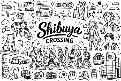 Shibuya Crossing busy pedestrian scene concept, hand drawn doodle elements set, center hand-lettered title, black & white vector