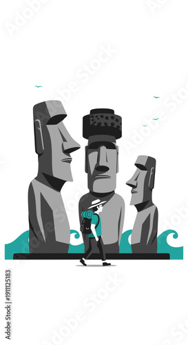 Mysterious Island Moai Statues With Explorer Discovering Ancient Wonders