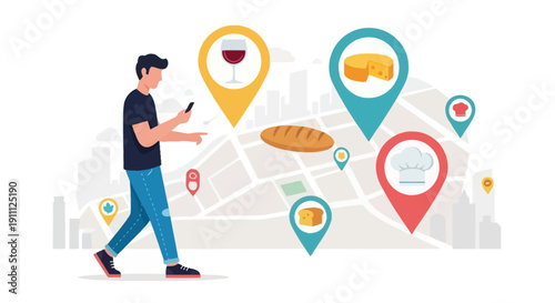 Modern User Navigating City Map Discovering Culinary Destinations With Phone